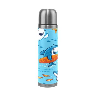 Cartoon Blue Shark Stainless Steel Insulated Water Bottle, Leakproof, Leather-Wrapped, 500 ml