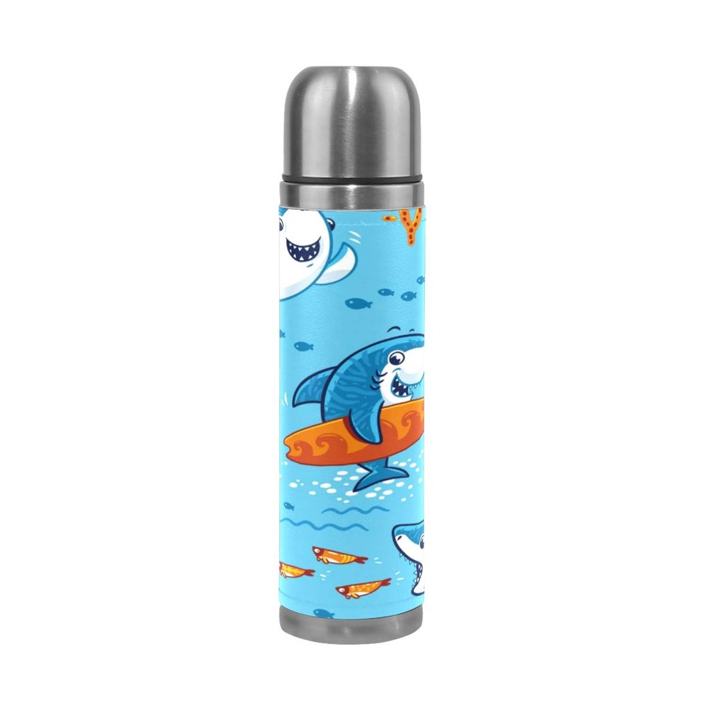Cartoon Blue Shark Stainless Steel Insulated Water Bottle, Leakproof, Leather-Wrapped, 500 ml