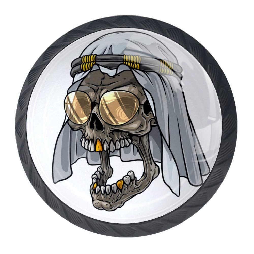 BestIdeas Halloween Bat Knobs, Round, Cartoon Skull Arab Scarf, 4-Pack, 1.38 × 1.10 in