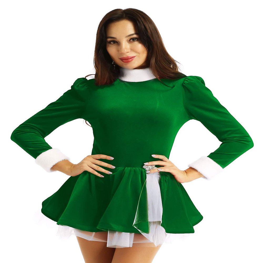 TiaoBug Women's Velvet Long-Sleeve Ballet Dress, Figure Skating Dress, Swing Dance Dress, Mini Skirt Christmas Party Dress, Green, L
