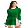 TiaoBug Women's Velvet Long-Sleeve Ballet Dress, Figure Skating Dress, Swing Dance Dress, Mini Skirt Christmas Party Dress, Green, L view 4