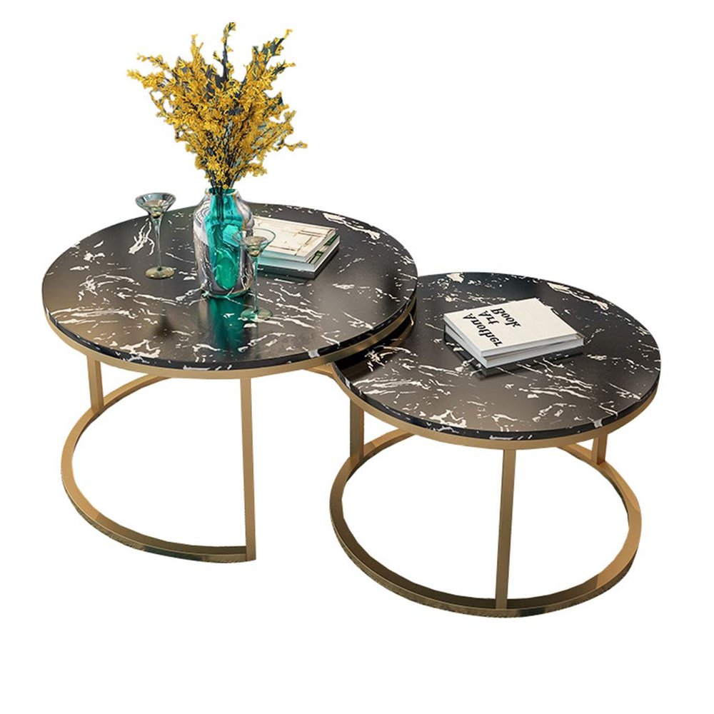 2-Piece Set of Round Marble Nesting Coffee Tables, Black