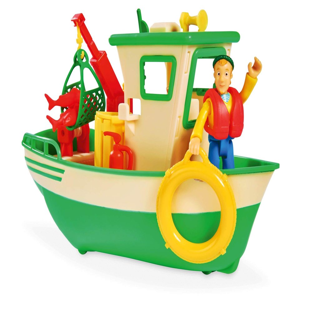 Simba 109251074 – Fireman Sam Charlie’s Fishing Boat with Figure, Movable Crane and Mechanical Winch, Floats on Water, 19 cm, Ages 3+