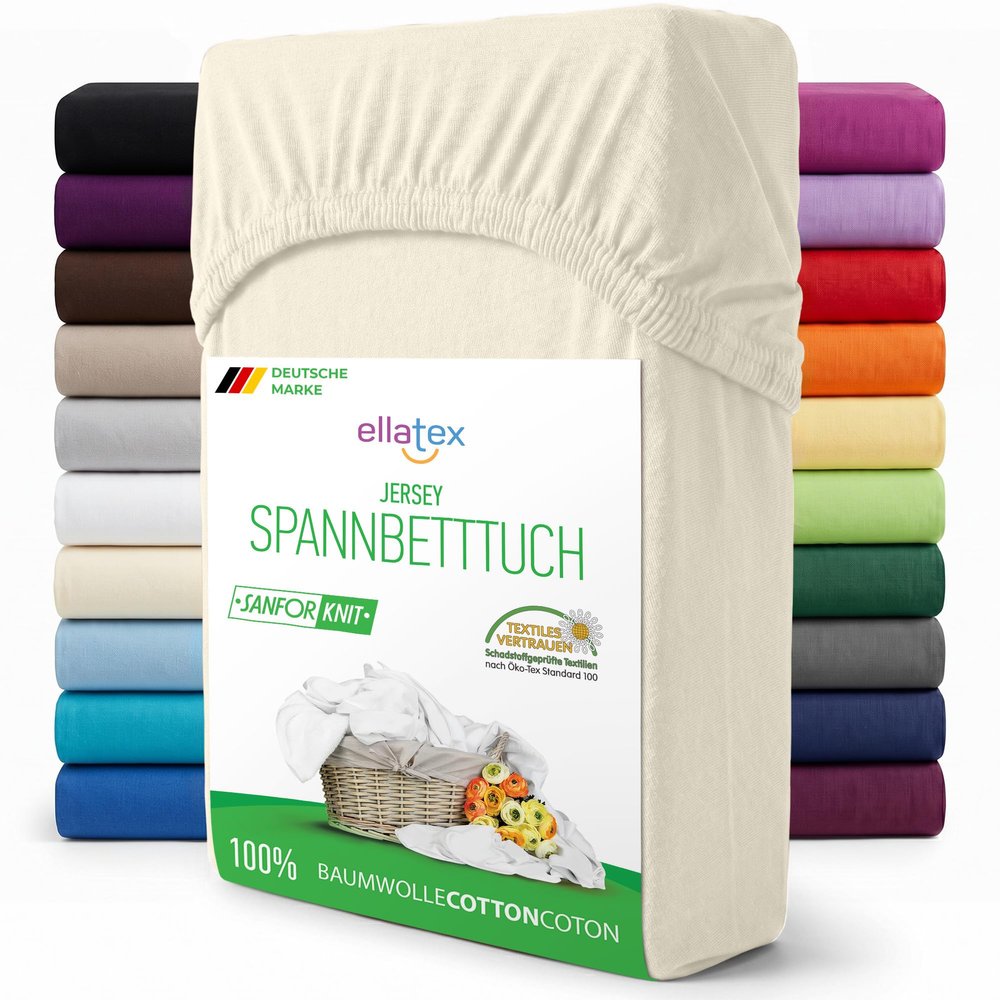 EllaTex Jersey Fitted Sheet 120 x 200–130 x 200 cm, 100% Cotton, Natural