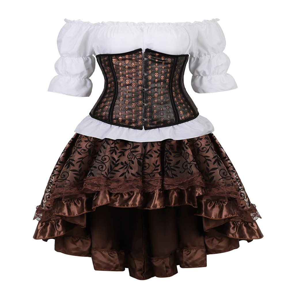 Grebrafan Faux Leather Underbust Corset with Skirt and Pirate Blouse, 5XL, Brown
