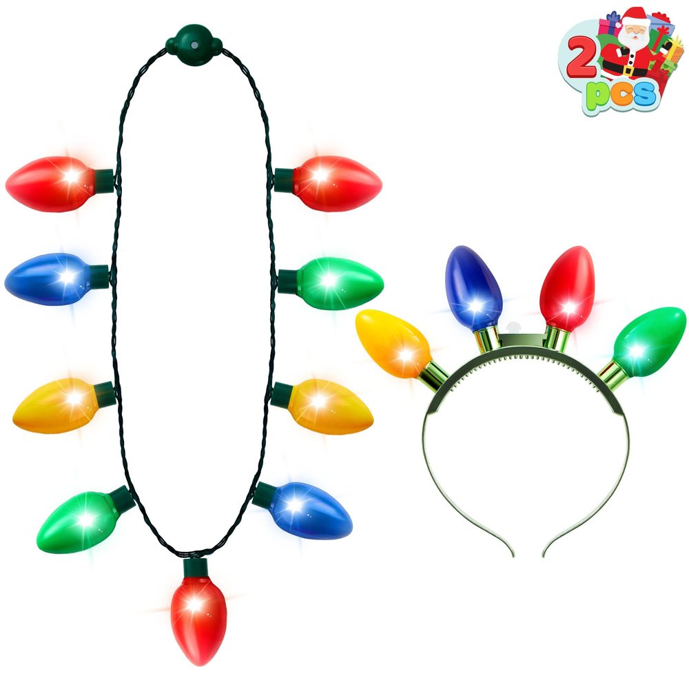 JOYIN 2-Piece Christmas LED Light-Up Headband and Necklace, 6 Flashing Modes