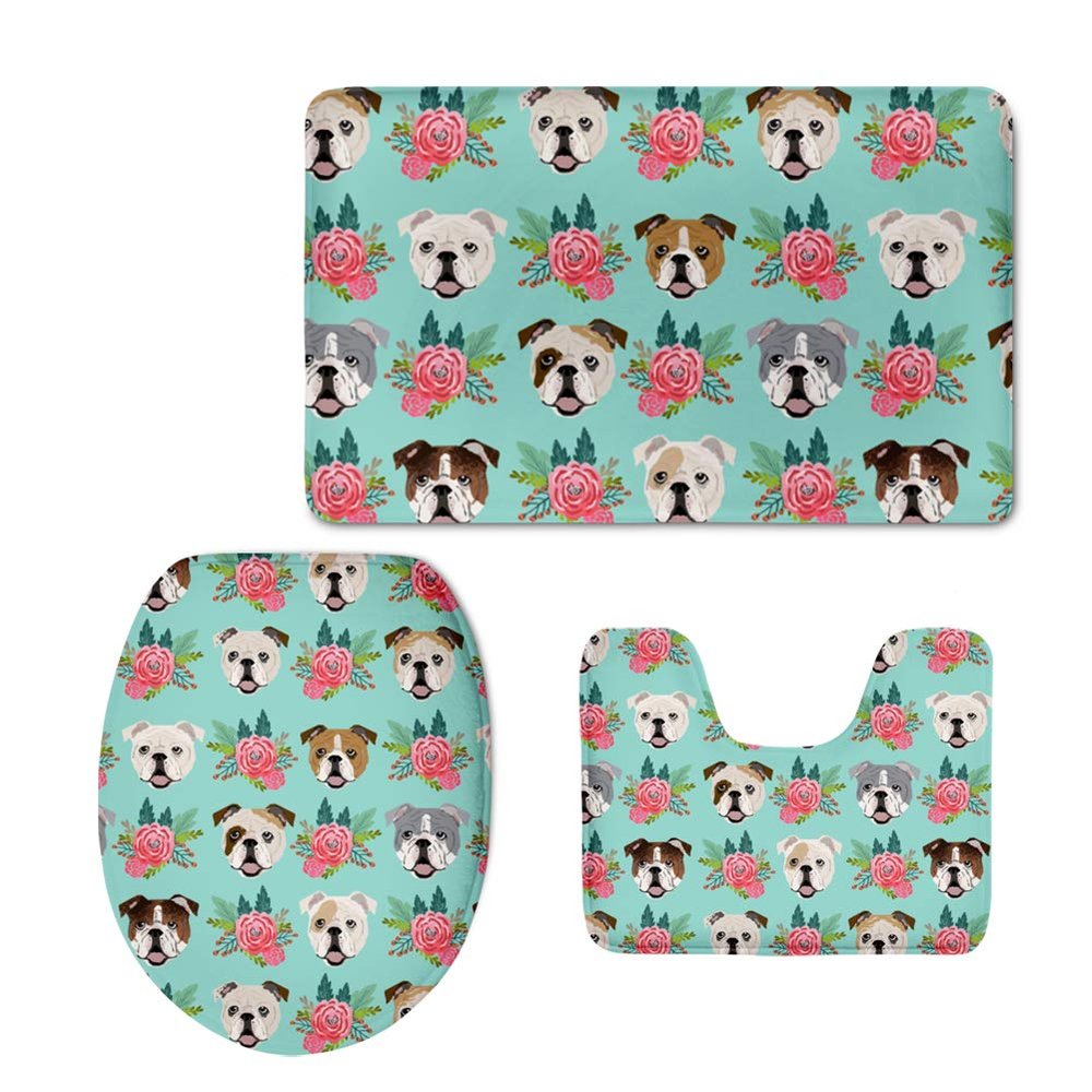 Showudesigns Absorbent Bathroom Mats, 3-Piece Set, Non-Slip, English Bulldog Floral