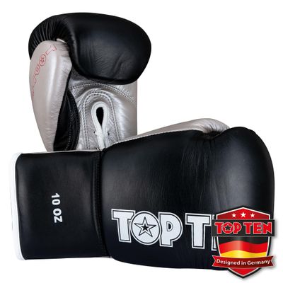TOP TEN Professional Boxing Gloves – 8 oz, Black/Silver
