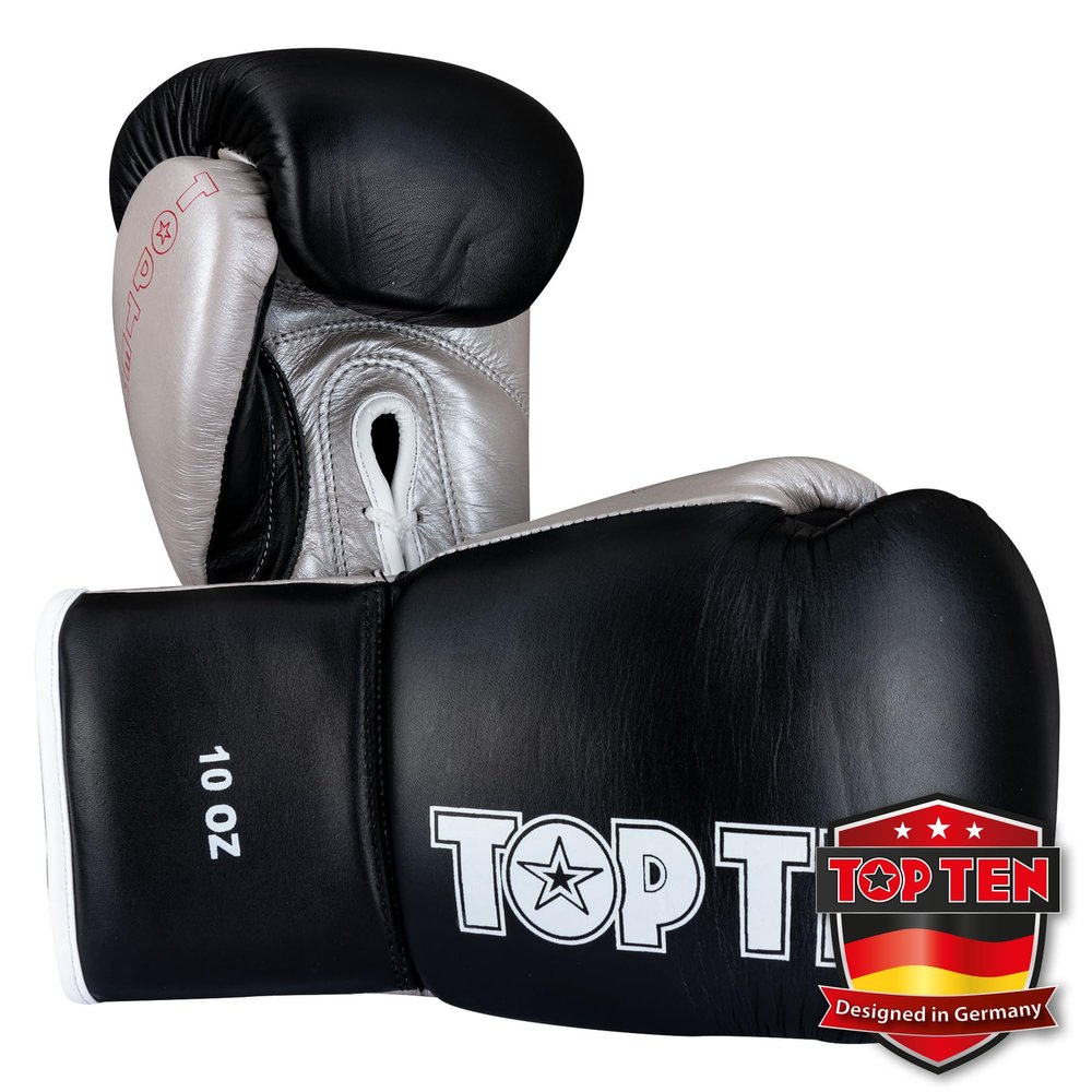 TOP TEN Professional Boxing Gloves – 8 oz, Black/Silver