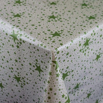 KEVKUS P226-4 Christmas Oilcloth Tablecloth by the Meter, Green Stars on White, Oval 140 x 260 cm with Crocheted Border
