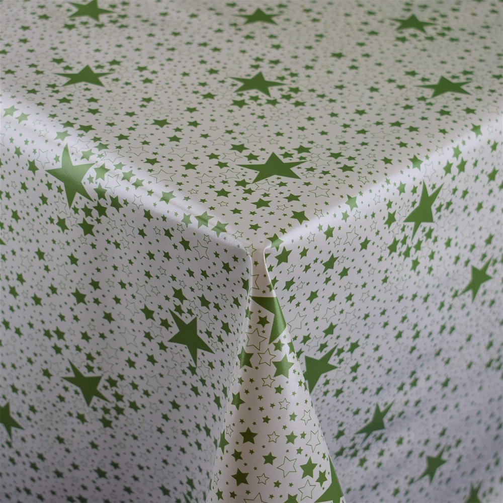 KEVKUS P226-4 Christmas Oilcloth Tablecloth by the Meter, Green Stars on White, Oval 140 x 260 cm with Crocheted Border