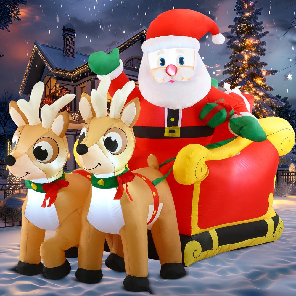 Joiedomi Inflatable Santa on Sleigh with Two Reindeer, 1.8 m, LED-Lit Christmas Yard Decor