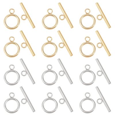 PandaHall 12 Sets 304 Stainless Steel Round Ring Toggle Clasps, 2 Colors