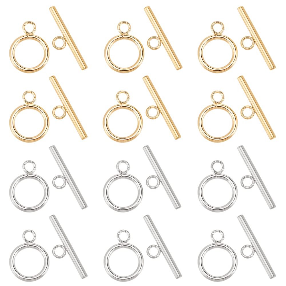 PandaHall 12 Sets 304 Stainless Steel Round Ring Toggle Clasps, 2 Colors