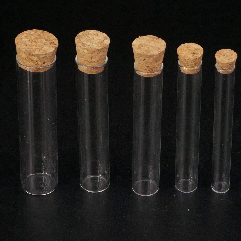 XUBF-GUAN, 5-Piece Lab Glass Test Tubes, Flat-Bottom, Wood Stoppers, Thermally Stable (15 × 100 mm)