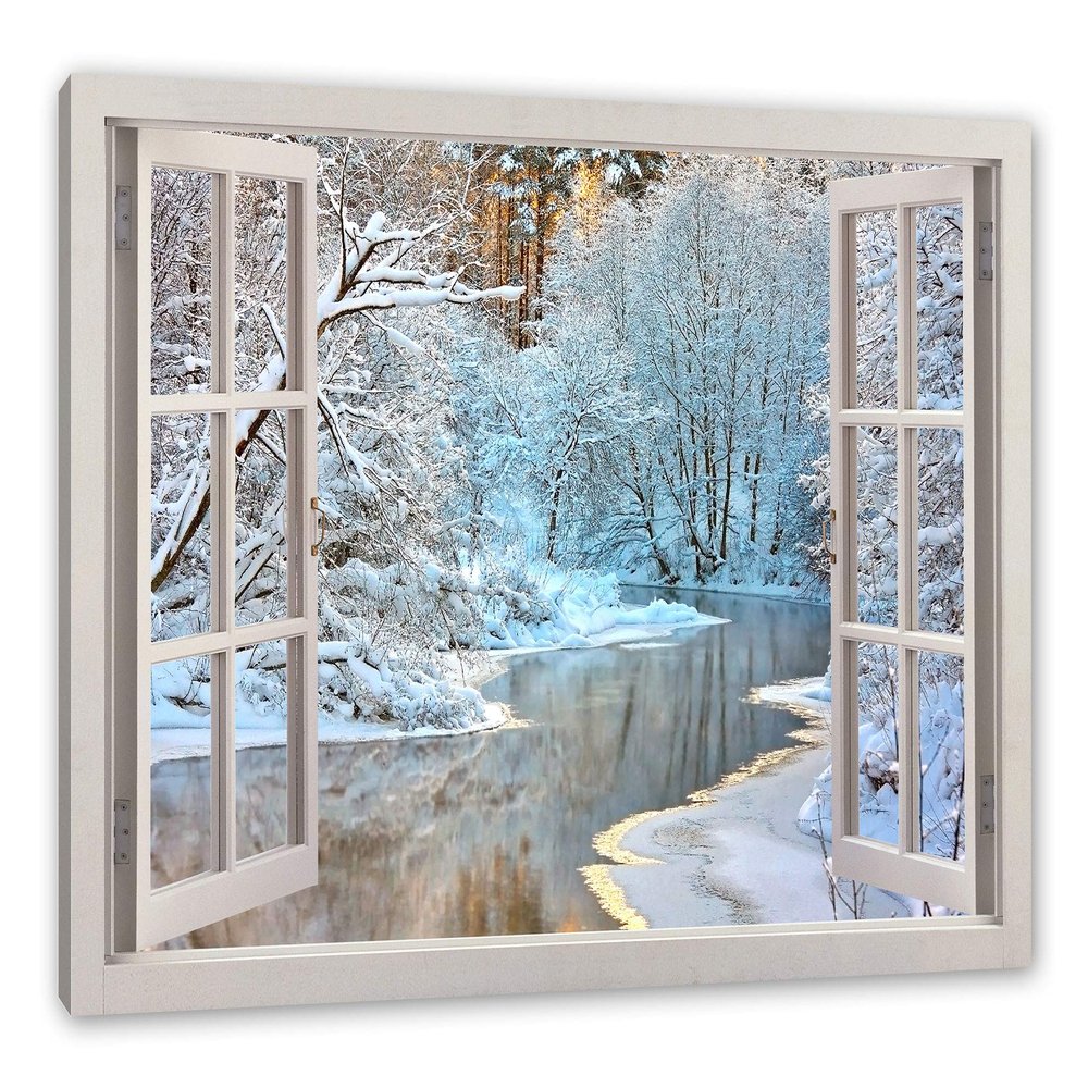 Pixxprint Stunning Winter Landscape, Window Look, 80 x 60 cm Canvas Wall Art, Ready-Stretched, Not a Poster
