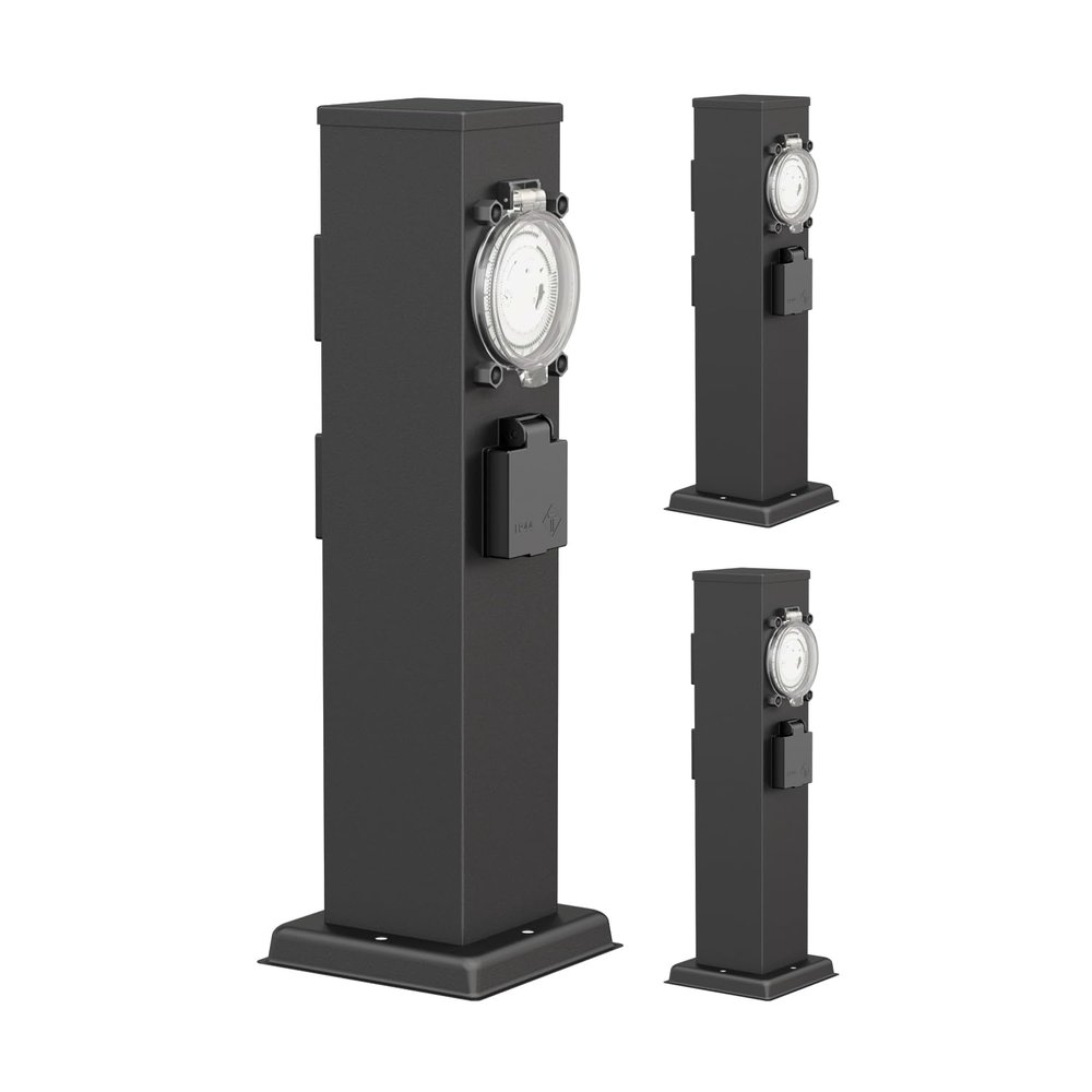 ledscom.de POLLY Outdoor Socket Pillar, 3-Outlet, IP44, Timer, Stainless Steel, Black, 40 cm