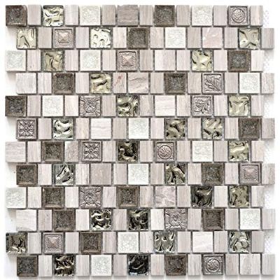 Multiformat Glass Mosaic Tile Sheet, Resin and Ceramic, Gray-White to Cream Beige - MOS82-2002