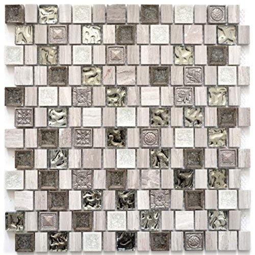 Multiformat Glass Mosaic Tile Sheet, Resin and Ceramic, Gray-White to Cream Beige - MOS82-2002