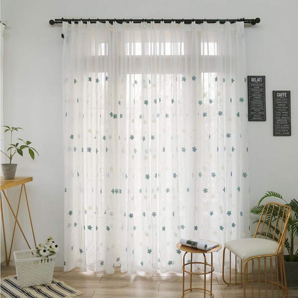 ZYY-Home Sheer Voile Curtains with Floral Embroidery and Pencil Pleat, 2 Panels, Blue, W120 x L140 cm