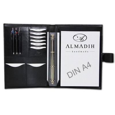 ALMADIH Black Premium Leather A4 Conference Folder with Removable Ring Binder and Notepad