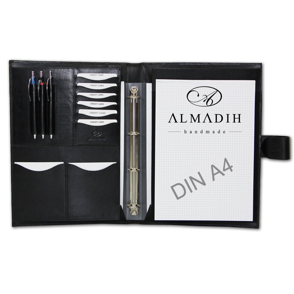 ALMADIH Black Premium Leather A4 Conference Folder with Removable Ring Binder and Notepad