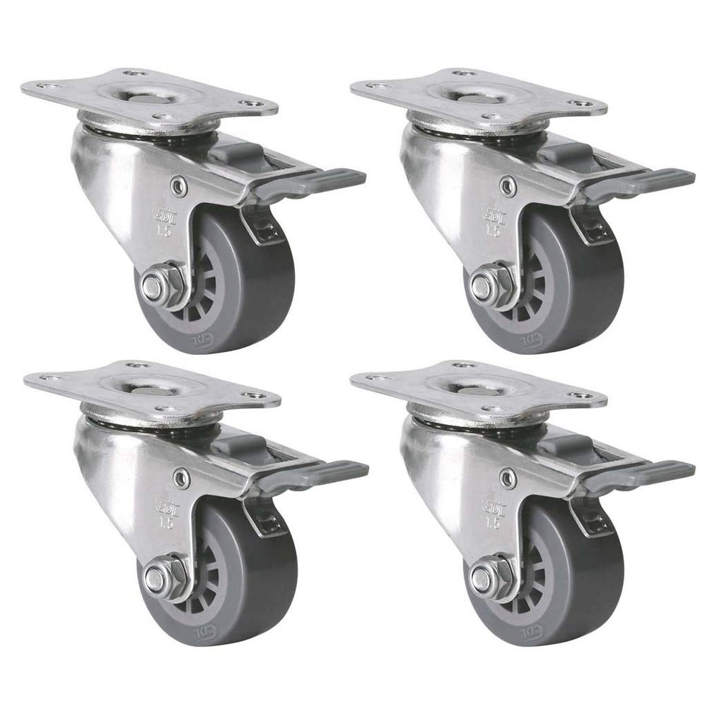 ZX @ Casters 1.5-Inch Stainless Steel Caster, 35 kg Load, Flat Top, PU Wheels, Gray
