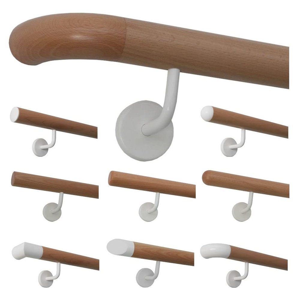 TIBU Beech Wood Handrail, 360 cm, White Stainless Steel Brackets, Wooden Curved Ends
