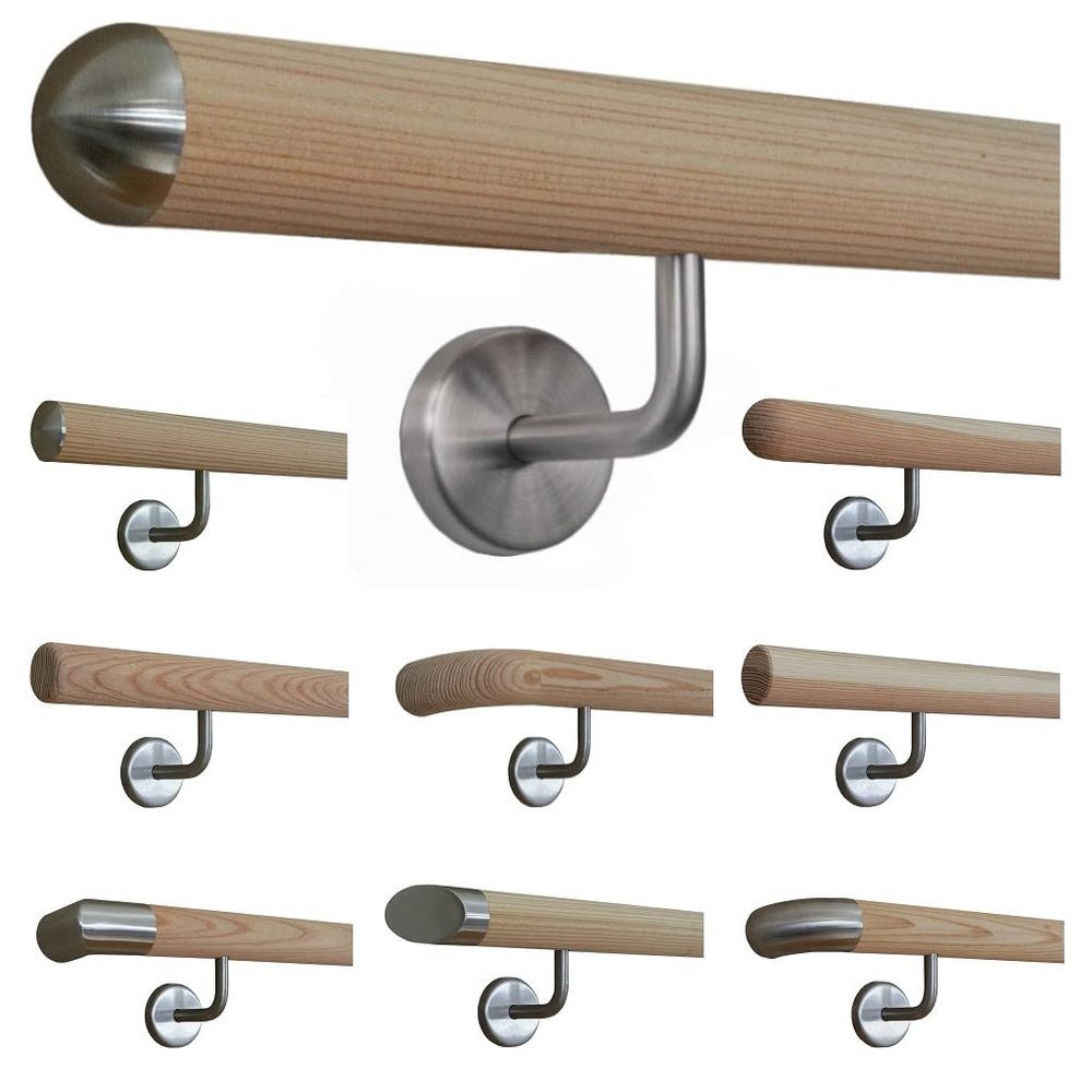 TIBU Untreated Larch Wood Handrail, 350 cm, 5 Angled Stainless Steel Brackets, Semicircular End Caps