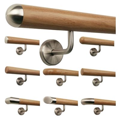 TIBU Oak Wood Handrail 420 cm with 5 Angled Brackets and Half-Round Stainless Steel End Caps