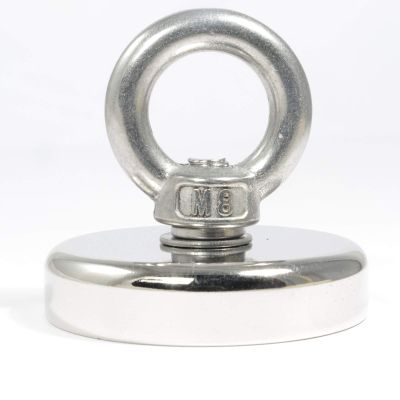 Neodymium Magnet – Flat Pot Magnet with Eye Bolt, 55 mm, 100 kg Pull Force, M8 Thread