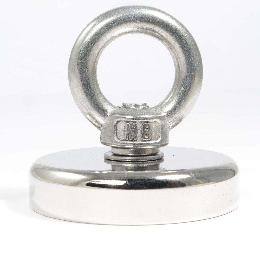 Neodymium Magnet – Flat Pot Magnet with Eye Bolt, 55 mm, 100 kg Pull Force, M8 Thread