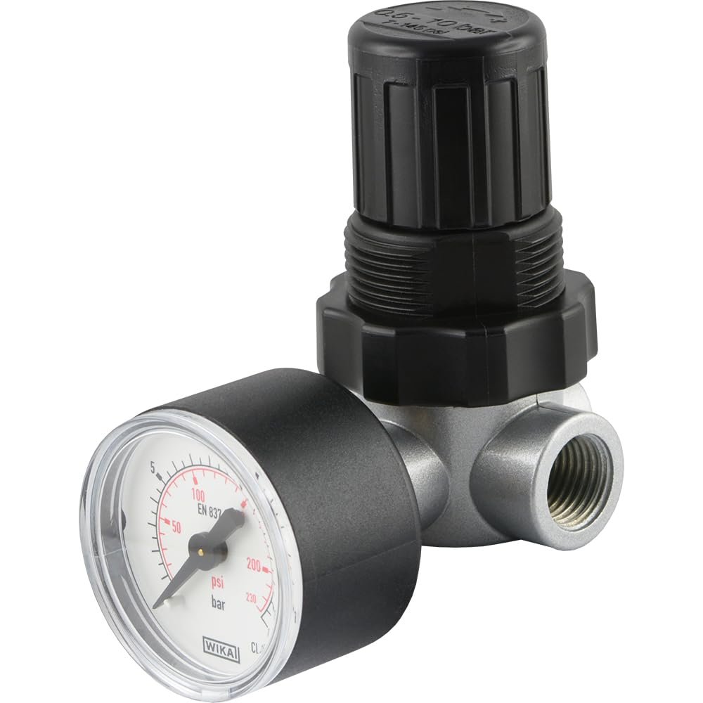 Fitting Parts - Mini Compressed-Air Regulator - Inlet-Pressure-Dependent - 450 L/min - Pressure Reducer with Pressure Gauge (Thread: G 1/4 in - Pressure Adjustment Range: 0.5-10 bar)