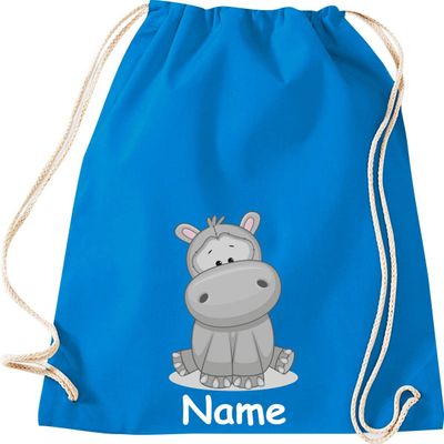 ShirtInStyle Hippo Drawstring Gym Bag with Custom Name, Sapphire