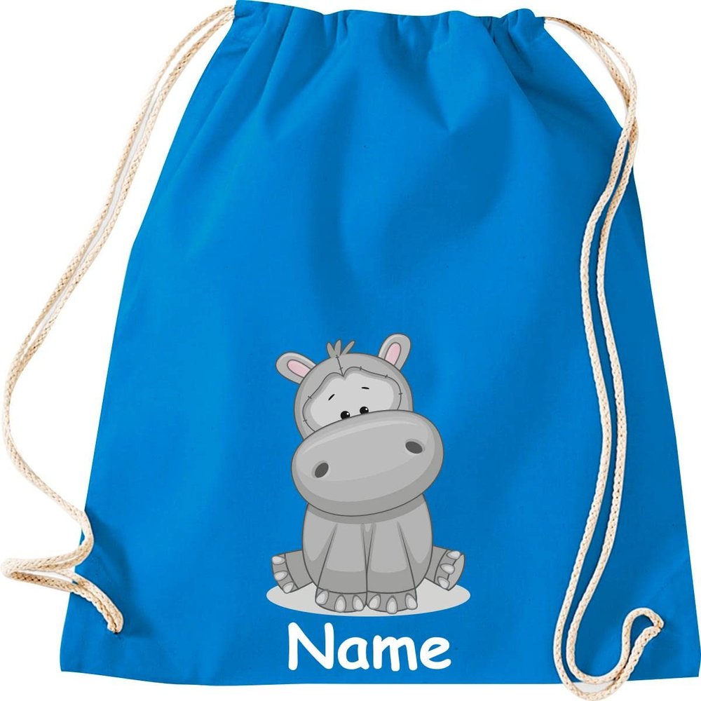 ShirtInStyle Hippo Drawstring Gym Bag with Custom Name, Sapphire
