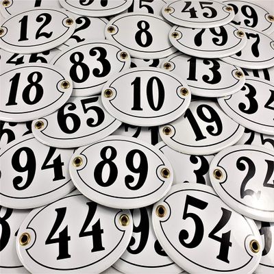 Oval Enamel House Number Plaque 97, White and Black, “Handmade”