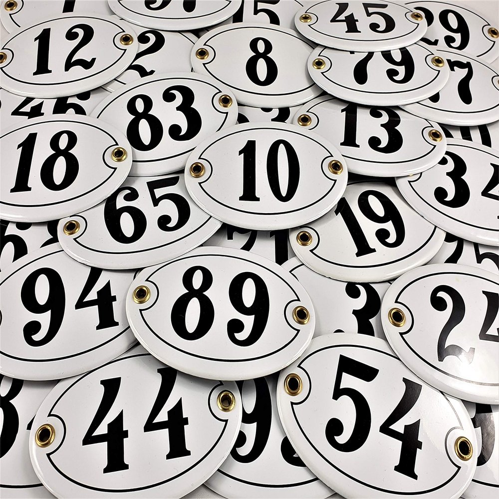 Oval Enamel House Number Plaque 97, White and Black, “Handmade”