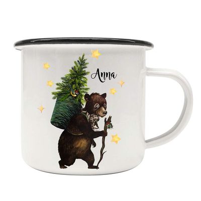 ilka parey wandtattoo-welt Enamel Camping Mug with Winter Bear, Fir Tree & Custom Name