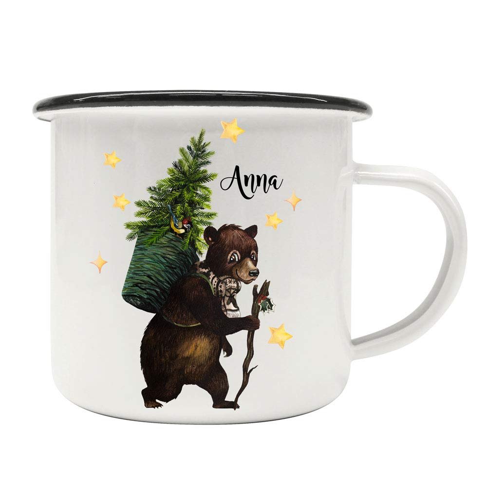 ilka parey wandtattoo-welt Enamel Camping Mug with Winter Bear, Fir Tree & Custom Name