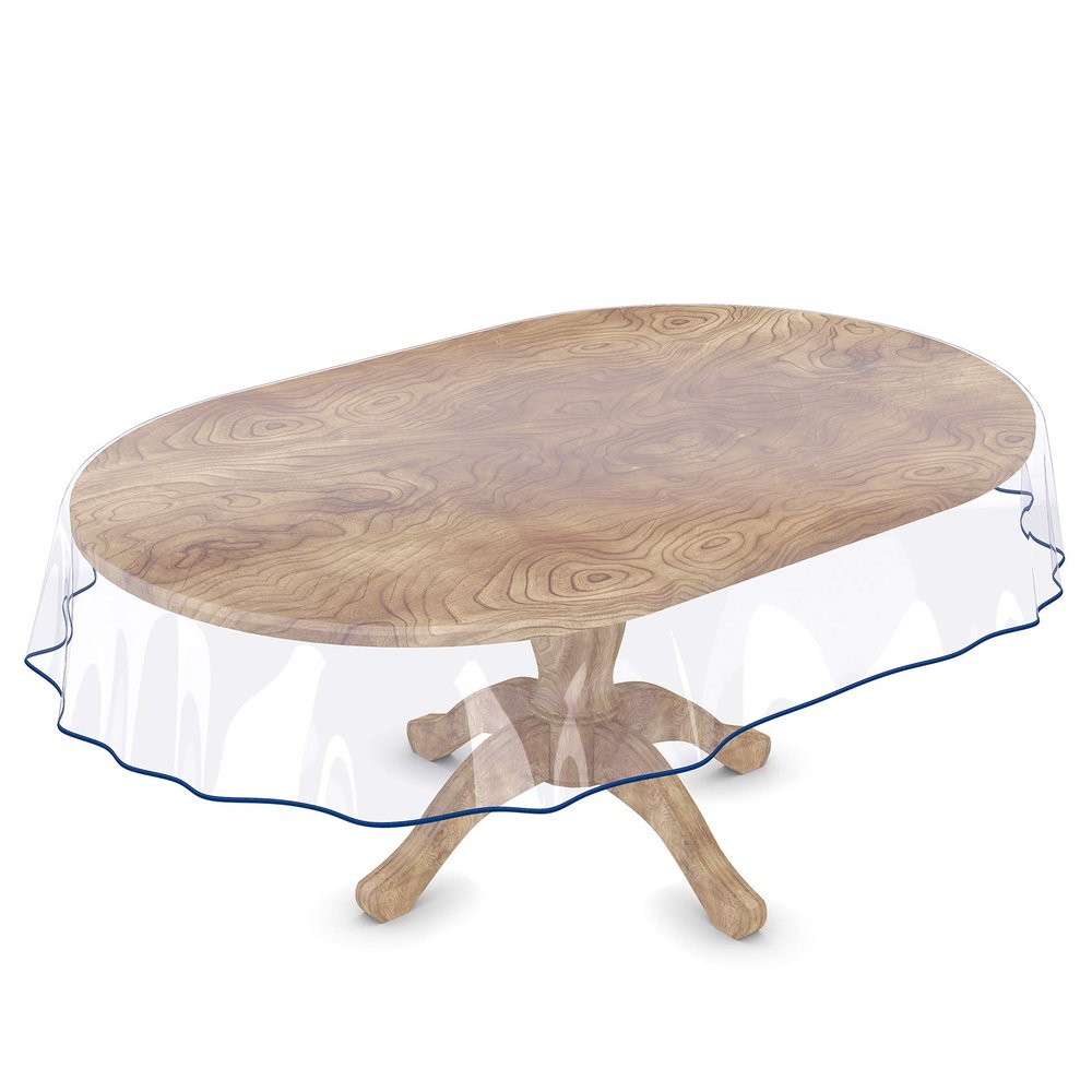 ANRO Transparent Oval PVC Tablecloth with Blue Hem, 240 x 140 cm, 0.5 mm