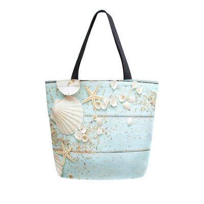 Seashells on Wood Background Canvas Tote Bag