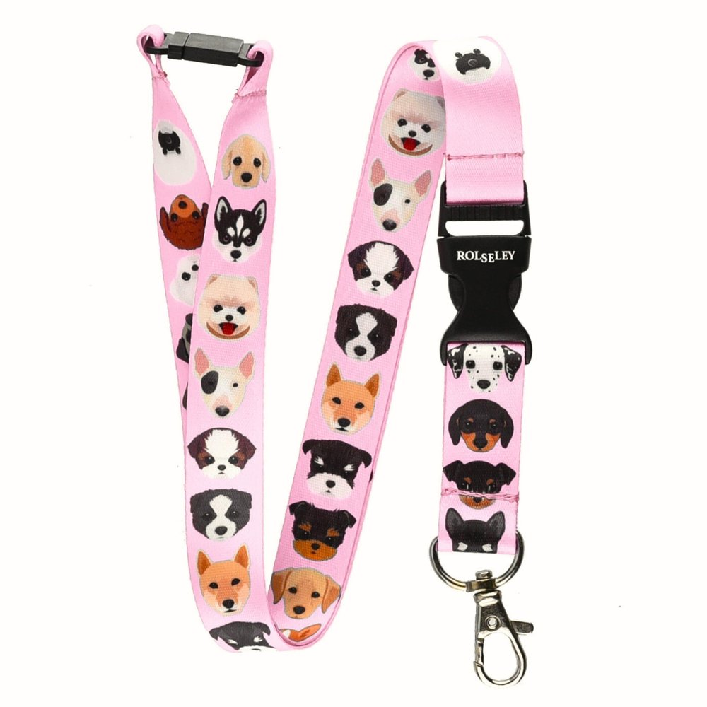 ROLSELEY ID Lanyard, 20 Pink Dog Breed Pattern, Metal Carabiner Clip and Safety Breakaway Buckle
