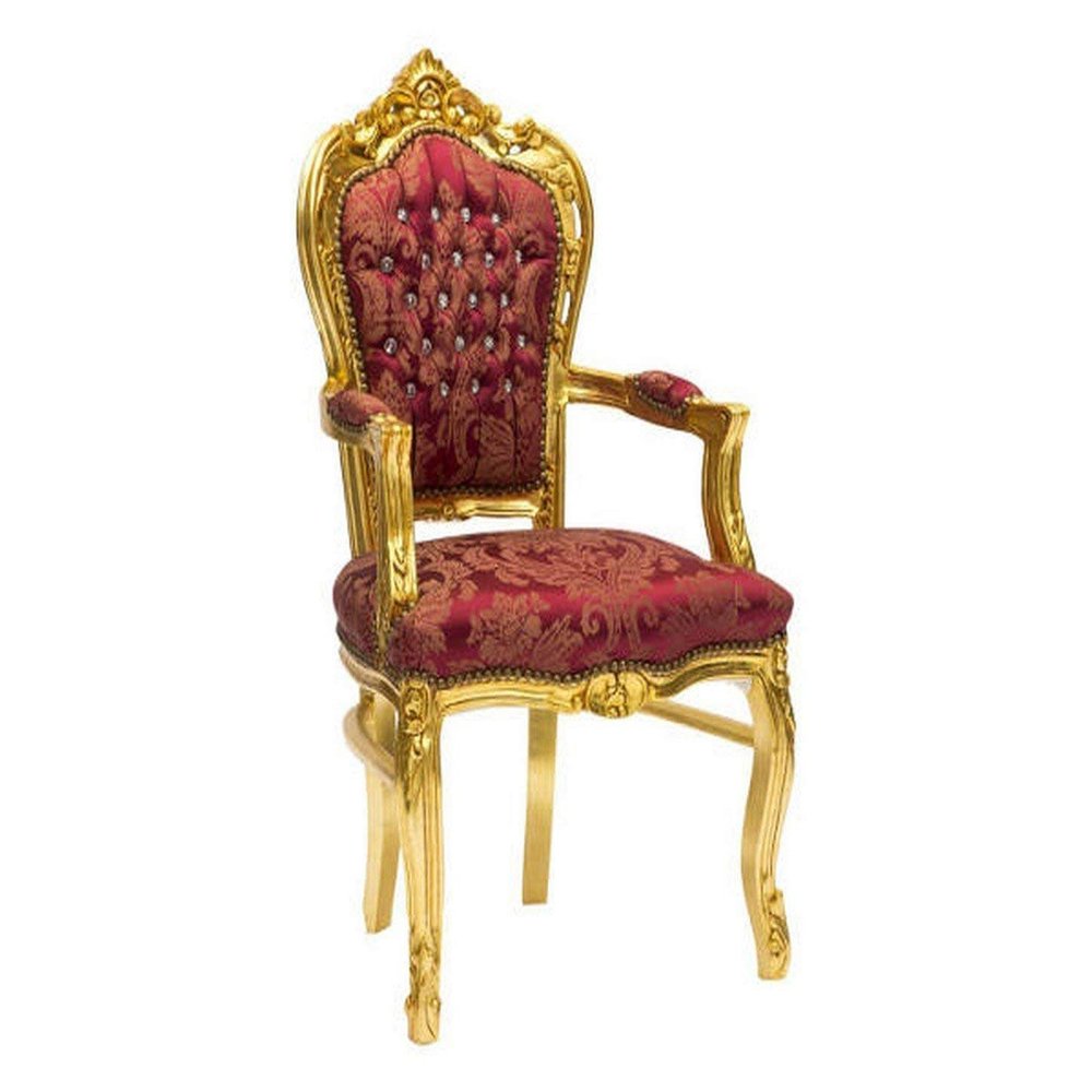 arterameeferro Baroque Louis XVI Red Armchair with Gold Leaf and Damask Upholstery