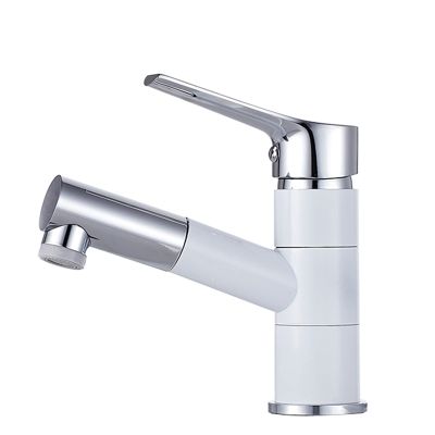 Hot and Cold Bathroom Sink Faucet with Pull-Out Sprayer, White and Chrome