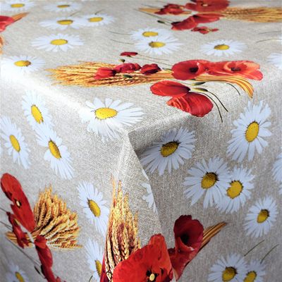 KEVKUS Oilcloth Tablecloth C146051 Poppies, Grain & Daisies, Selectable Shapes (Piped Edge with Plastic Band), Round 130 cm