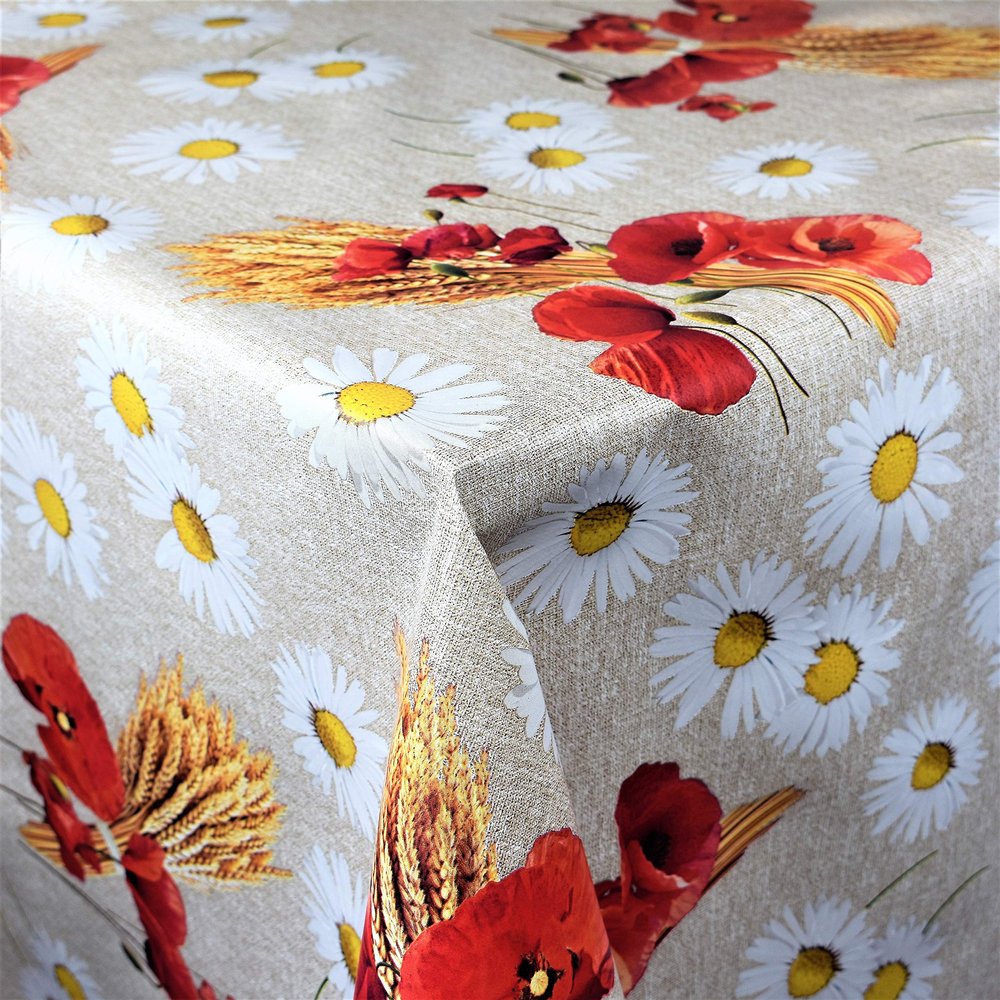 KEVKUS Oilcloth Tablecloth C146051 Poppies, Grain & Daisies, Selectable Shapes (Piped Edge with Plastic Band), Round 130 cm