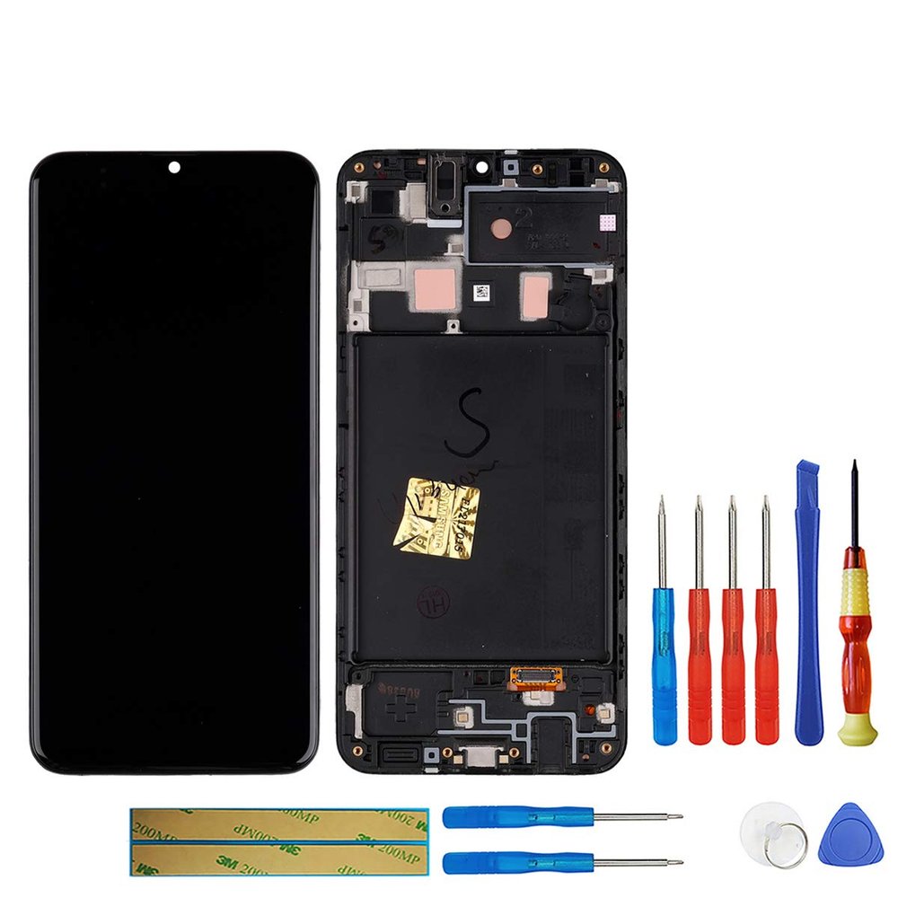 swark A-MOLED Display Compatible with Galaxy A20 (2019) A205 SM-A205F/DS, SM-A205FN/DS, 6.4-inch Black LCD Touchscreen Digitizer Assembly with Frame, Glass and Tools