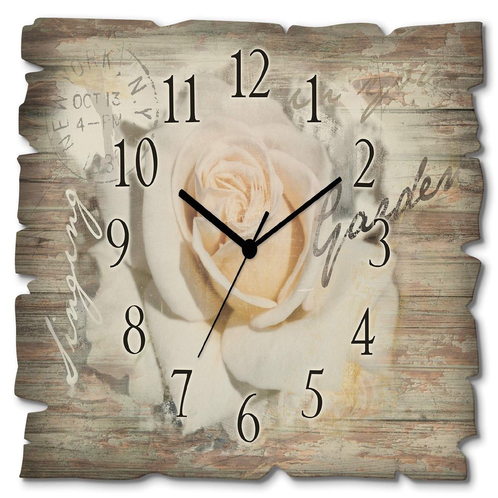ARTLAND Silent Wooden Wall Clock, Rectangular, 40 x 30 cm, Rose Blossom Design