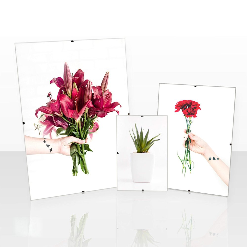Clippo Deluxe Frameless Picture Frame, 21 x 26 cm, Special-Format Picture Holder with White Background and Clear Acrylic Glass