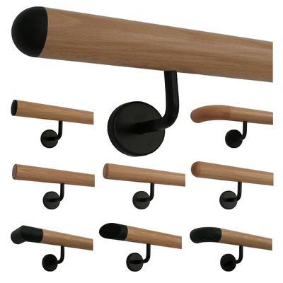 TIBU Beech Wood Handrail Set, 170 cm, with 3 Black Brackets and Half-Round End Caps